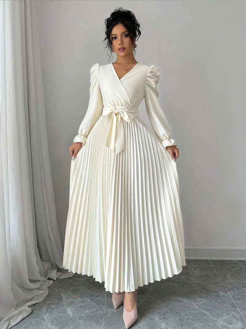 Robe Longue Élégante Femme – Manches Bouffantes & Ceinture (Style A-line)